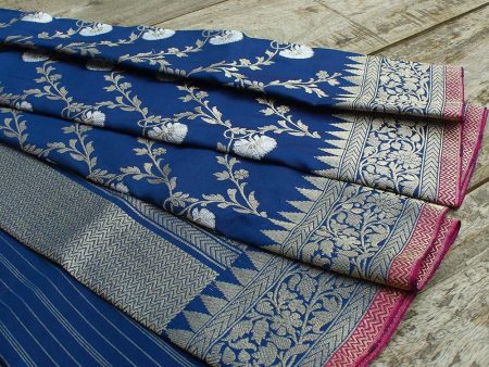 Prussian Blue Pure Katan Silk Banarasi Handloom Dupatta For Discount