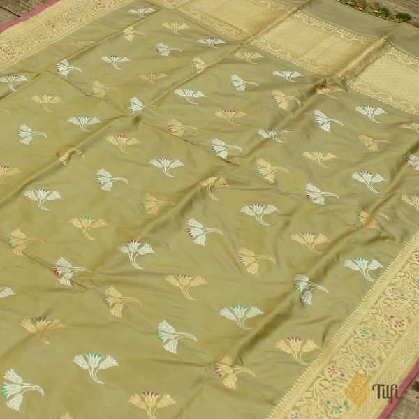 Light Olive Green Pure Katan Silk Banarasi Handloom Dupatta Sale