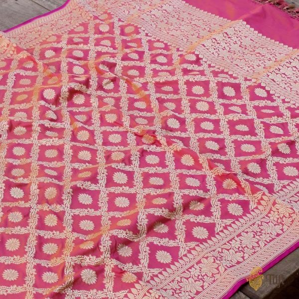 Light Orange-Gulabi Pink Pure Katan Silk Banarasi Handloom Dupatta Hot on Sale