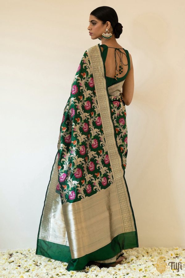 A Baroque Dream  Forest Green Pure Katan Silk Banarasi Handloom Saree Online now