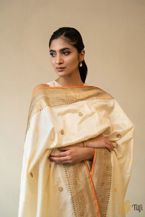 Pre-Order : Off-White Pure Katan Silk Banarasi Handloom Dupatta Hot on Sale