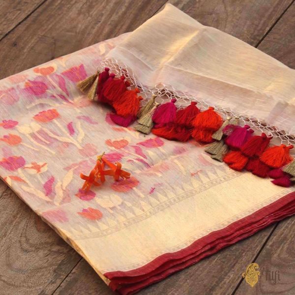 Off-White Pure Dupion Silk Banarasi Handloom Dupatta Hot on Sale