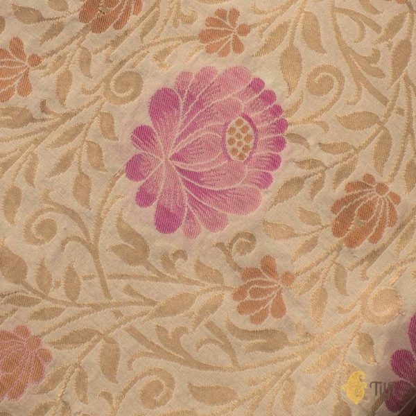 Off-White Pure Katan Silk Banarasi Handloom Fabric Sale