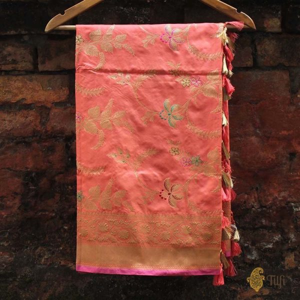 Peach-Light Pink Pure Katan Silk Banarasi Handloom Dupatta Cheap