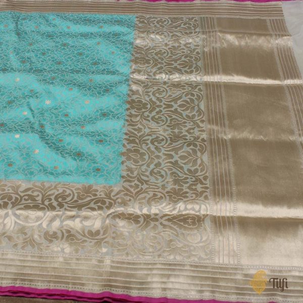 Aqua Blue-Off White Pure Katan Silk Banarasi Handloom Saree Sale