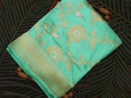 Aqua Green Pure Katan Silk Banarasi Handloom Saree For Sale