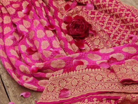 Rani Pink Ombre Pure Georgette Banarasi Handloom Bandhani Dupatta on Sale