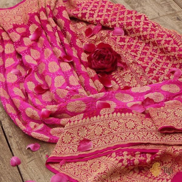 Rani Pink Ombre Pure Georgette Banarasi Handloom Bandhani Dupatta on Sale