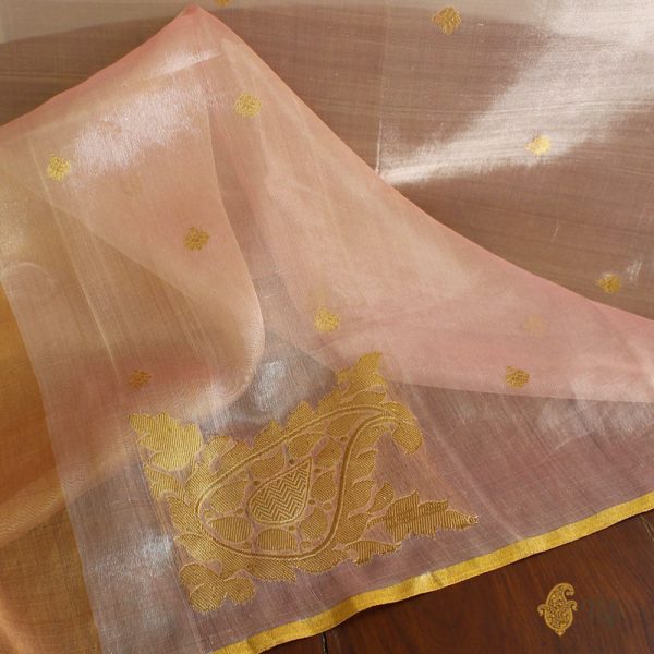 Light Pink Pure Kora Tissue Banarasi Handloom Dupatta For Sale