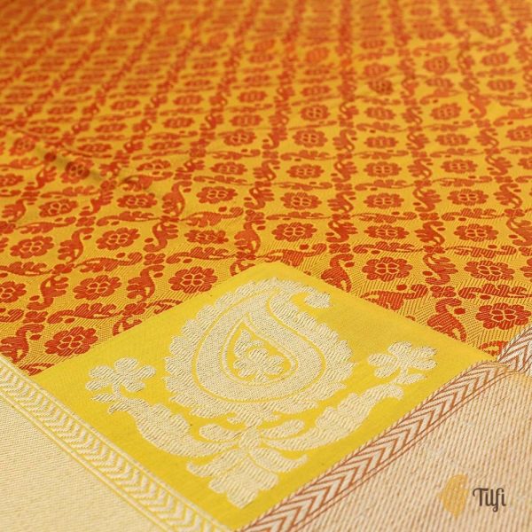 Orange-Yellow Pure Katan Silk Banarasi Handloom Dupatta For Discount