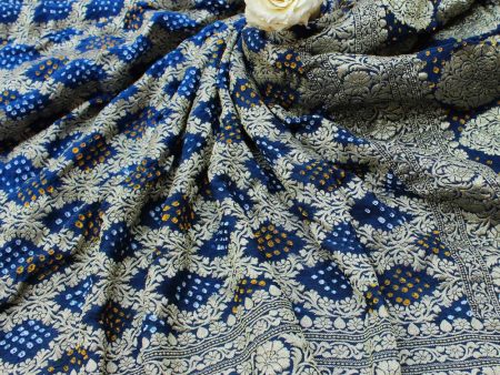 Midnight Blue - Navy Blue Pure Georgette Banarasi Handloom Bandhani Dupatta Online now