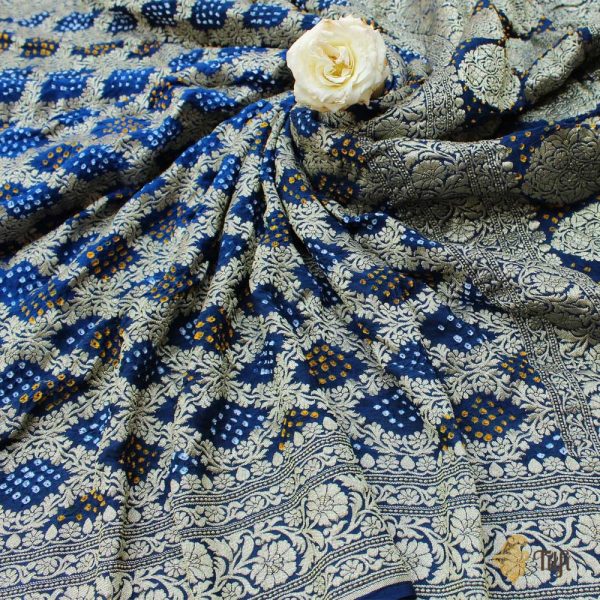 Midnight Blue - Navy Blue Pure Georgette Banarasi Handloom Bandhani Dupatta Online now