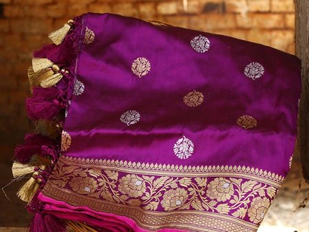 Magenta Pure Katan Silk Banarasi Handloom Dupatta For Sale