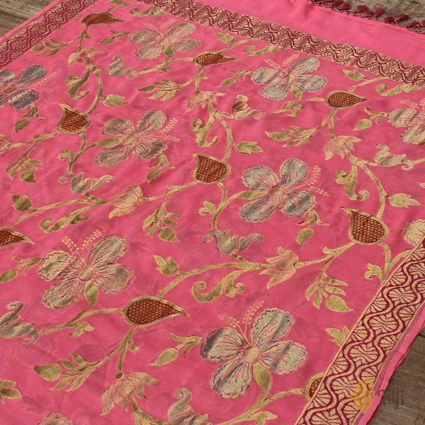 Light Pink Pure Chiffon Georgette Banarasi Handloom Dupatta Sale