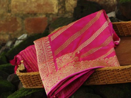 Rani Pink Pure Katan Silk Aadha Jaal Banarasi Handloom Dupatta For Discount