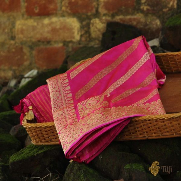 Rani Pink Pure Katan Silk Aadha Jaal Banarasi Handloom Dupatta For Discount