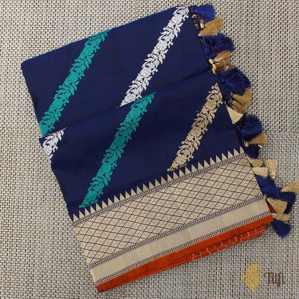 Navy Blue Pure Katan Silk Banarasi Handwoven Dupatta Online Sale