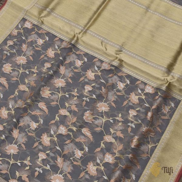 Blue-Grey Pure Kora Silk Handwoven Kadwa Banarasi Saree Hot on Sale