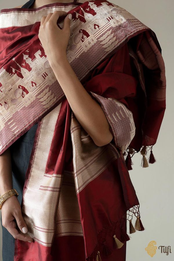 Deep Maroon Pure Katan Silk Banarasi Handloom Dupatta Fashion