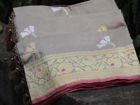 Light Grey Pure Katan Silk Banarasi Handloom Dupatta on Sale