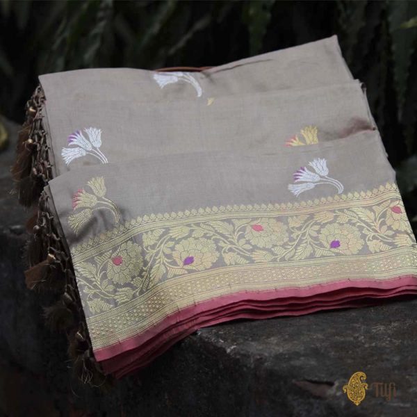 Light Grey Pure Katan Silk Banarasi Handloom Dupatta on Sale