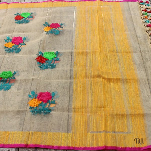 Beige Pure Kora Silk Net Banarasi Handloom Dupatta Cheap