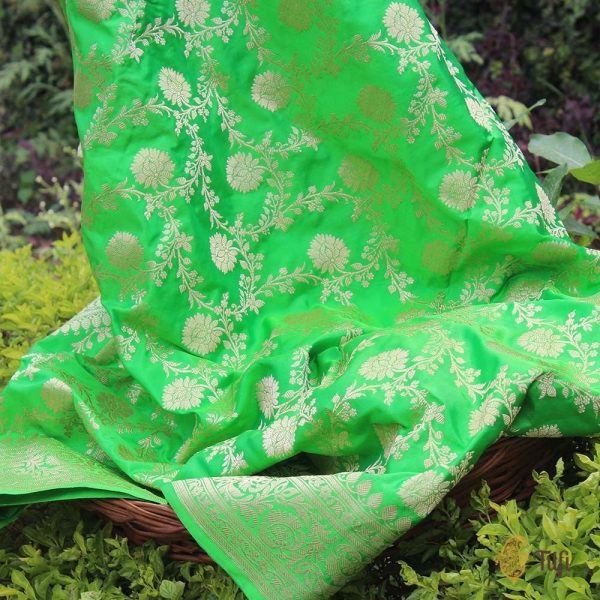 Parrot Green Pure Katan Silk Kadwa Jangla Handloom Dupatta Hot on Sale