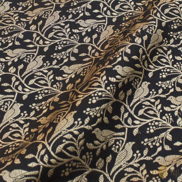 Black Pure Katan Silk Bird Jaal Banarasi Handloom Fabric Discount