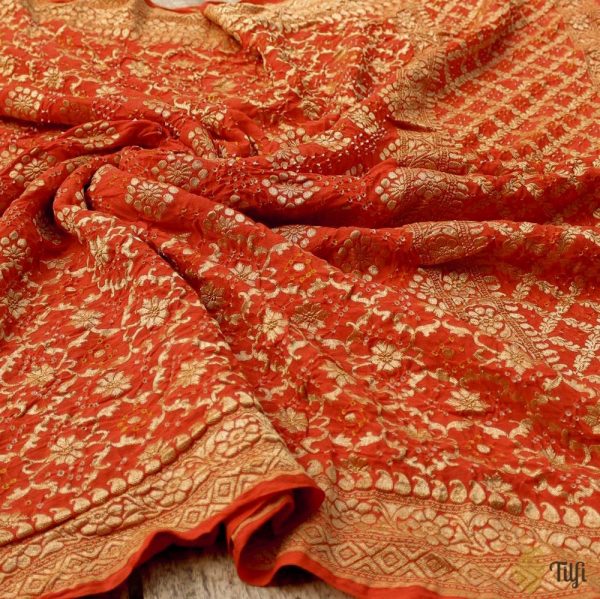 Orange Georgette Banarasi Handloom Bandhani Dupatta For Discount