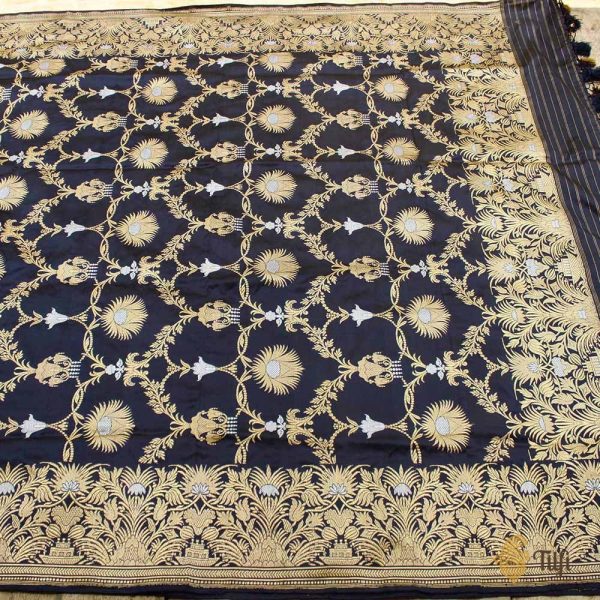 Navy Blue Pure Katan Silk Banarasi Handloom Jangla Dupatta Hot on Sale