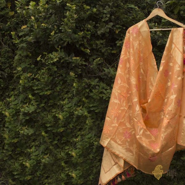 Light Orange Pure Kora Net by Cotton Banarasi Handloom Dupatta Hot on Sale