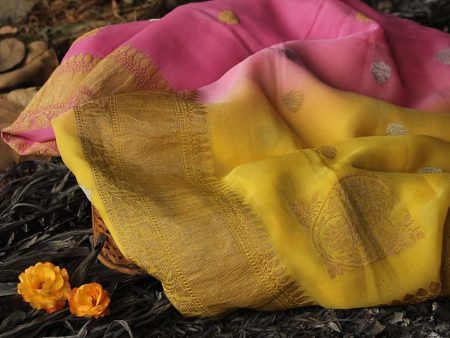 Yellow-Pink Ombr√© Pure Georgette Banarasi Handloom Saree Online