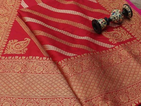 Red Pure Katan Silk Aadha Jaal Banarasi Handloom Dupatta Sale