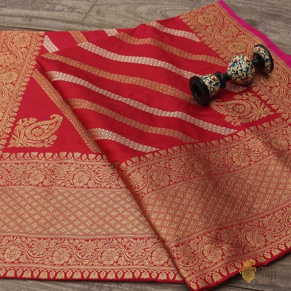 Red Pure Katan Silk Aadha Jaal Banarasi Handloom Dupatta Sale