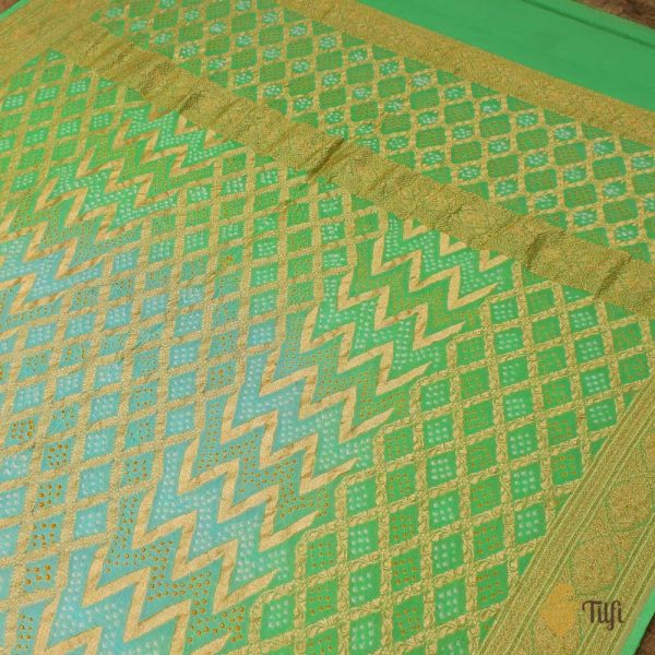 Light Blue - Green Pure Georgette Banarasi Handloom Bandhani Dupatta For Sale