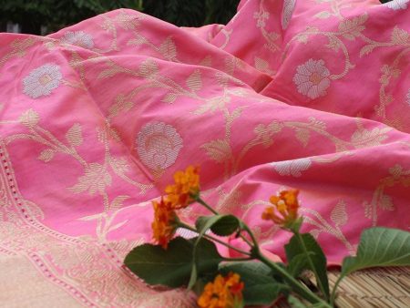 Ivory-Pink Pure Katan Silk Banarasi Kadwa Handloom Dupatta Discount