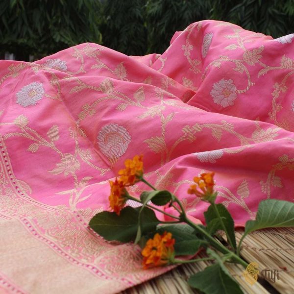 Ivory-Pink Pure Katan Silk Banarasi Kadwa Handloom Dupatta Discount