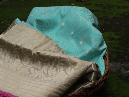 Aqua Blue-Off White Pure Katan Silk Banarasi Handloom Saree Sale