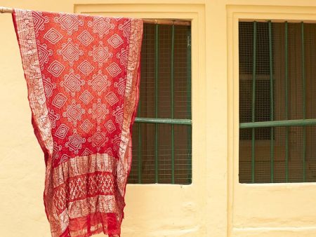 Orange-Red Pure Georgette Banarasi Handloom Bandhani Dupatta Online now