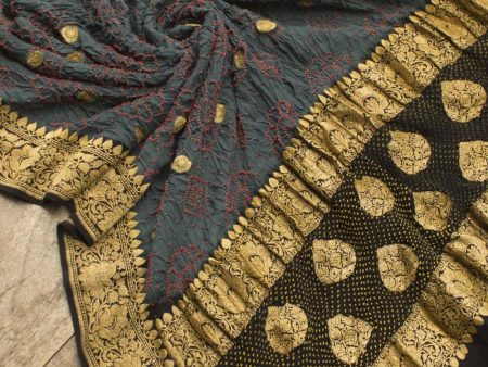 Charcoal Grey Pure Georgette Banarasi Handloom Bandhani Dupatta Sale