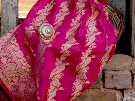 Rani Pink-Red Pure Katan Silk Banarasi Handwoven Dupatta For Cheap