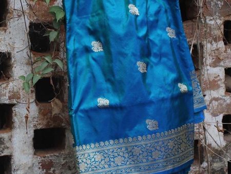 Green-Blue Pure Katan Silk Banarasi Handloom Dupatta For Cheap